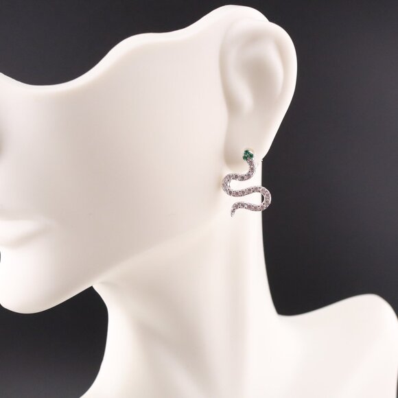 Women's Sterling Silver Snake Stud Earrings – CZ & Green Eyes Fashion Jewelry ** - Picture 3 of 11